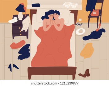 Cute romantic couple lying in bed together after sex and cuddling, clothes scattered around. Intimate or sexual relationship of young man and woman. Colorful vector illustration in flat cartoon style.