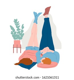 Cute Romantic Couple Lying On The Floor In Home Clothes With Legs Up, Holding Hands, Looking At Each Other, Relaxing Together, Flat Vector Illustration Isolated On White Background