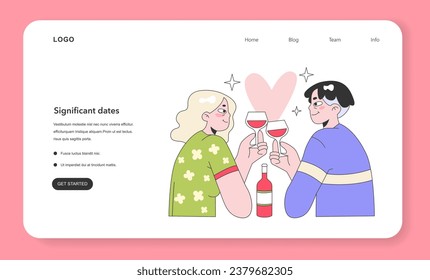 Cute romantic couple on a romantic date drinking wine web banner or landing page. Young woman and man in love spending time together. Tenderness in a relationship. Flat vector illustration