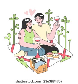 Cute romantic couple on a romantic picnic drinking wine. Young woman and man in love having a date in the park. Tenderness in a relationship. Flat vector illustration