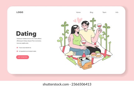 Cute romantic couple on a romantic picnic drinking wine web banner or landing page. Young woman and man in love having a date in the park. Tenderness in a relationship. Flat vector illustration