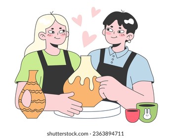 Una pareja romántica en la clase de estudio de cerámica. Joven y hombre en una cita de taller de cerámica. Amantes de las macetas de arcilla, vajilla y otras cerámicas. Ilustración vectorial plana