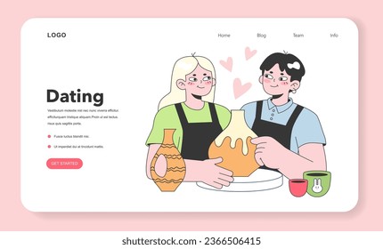 Cute romantic couple at the pottery studio class web banner or landing page. Young woman and man on a ceramics pottery workshop date. Lovers making clay pots. Flat vector illustration