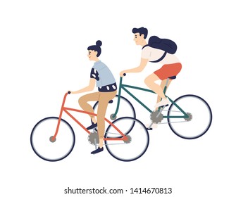 Cute romantic couple riding bicycles. Young man and woman on bikes isolated on white background. Boy and girl performing sports outdoor activity. Colorful vector illustration in flat cartoon style.