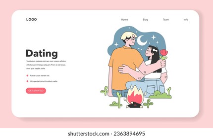 Cute romantic couple sitting by the fire watching starry sky web banner or landing page. Young woman and man in love camping. Lovers cuddling under moon and stars on a date. Flat vector illustration