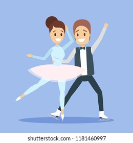 Cute romantic couple in stage costumes skate together outdoors. Winter activity and professional sport. Flat vector illustration