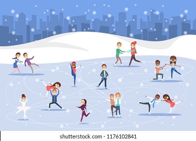 Cute romantic couples and professional skaters skate outdoors on the ice. Winter activity and professional sport. Flat vector illustration