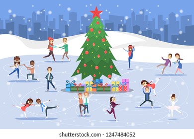 Cute romantic couples and professional skaters skate outdoors on the ice. Winter activity and professional sport around Christmas tree. Flat vector illustration