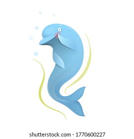 Cute romantic dolphin character design. Dreaming posing dolphin animal adorable drawing for kids. Watercolor style cartoon vector illustration