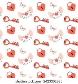 cute romantic doodle pattern with key and lock, letter. Vector illustration can used for wrapping paper, greeting card, banner, flyer, poster. 