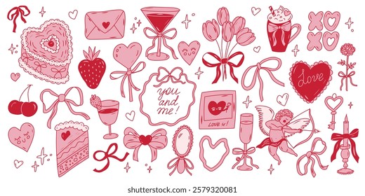 Cute romantic doodles featuring hearts, flowers, and love symbols for celebration of affection