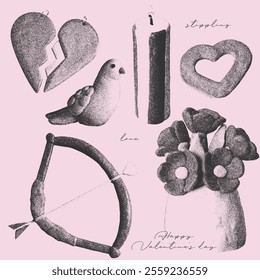 Cute romantic Elements set with a retro photocopy effect. Childish valentine's day concept. Broken heart, bow and arrow, flowers and other trendy 3d naive elements. Grain effect and stippling. Vector