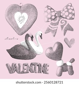 Cute romantic Elements set with a retro photocopy effect. Childish valentine s day concept. Heart, bow, swans and other trendy 3d naive elements. Grain effect and stippling. Vector