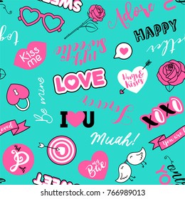 Cute romantic elements and typography seamless pattern background for valentine’s day