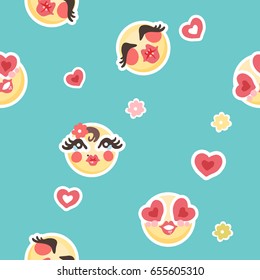 Cute romantic emoji (emoticons) vector seamless pattern