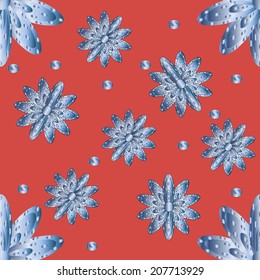Cute romantic floral pattern with romantic blue gradient flowers on red background. 