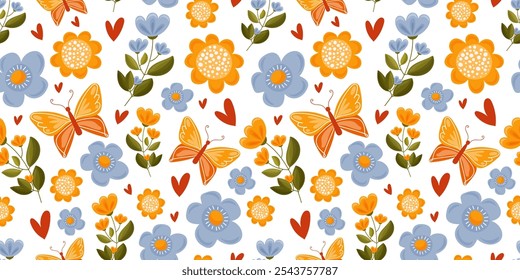 Cute romantic floral pattern with spring flowers, leaves, branches and butterflies. Great for Easter Card, banner, textile, wallpaper. Vector design, cartoon style