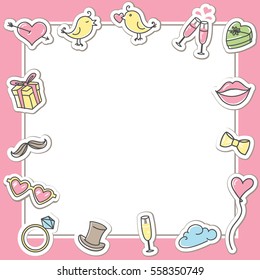 Cute romantic frame with love symbols, sign, icons. Wedding or Valentine's day design.