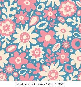 Cute and romantic fresh spring 60s style pattern with graphic flowers, leaves and dots on blue background. Funky and bright floral print, retro style, cottagecore