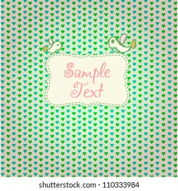 Cute romantic geometrical background with text frame. Template background for design greeting card, cover, wrapper with birds and hearts