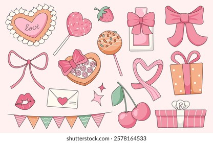 Cute romantic gift boxes, snack food, greeting cards and pink decorative elements vector illustration. Set of candy and cake in pack, perfume flask, tied bows ribbon, presents and love mail letter