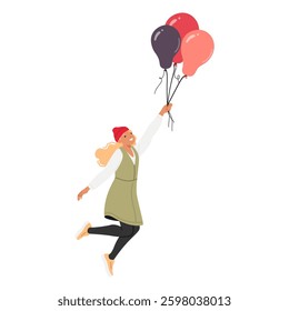 Cute romantic girl child cartoon character soaring with colorful festive balloons in hands isolated on white background. Little female dreamer flying in air having joy and fun vector illustration