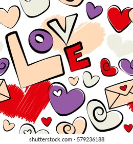 Cute romantic girlish repeated backdrop for fashion clothes, wrapping paper. Tender vector seamless pattern with hearts and love text in red, purple and beige colors on a white.