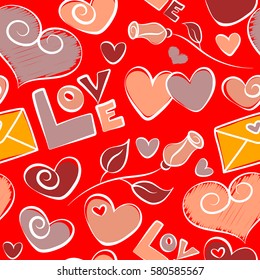 Cute romantic girlish repeated backdrop for fashion clothes, wrapping paper. Tender vector seamless pattern with hearts, rose flower and love text in yellow and red colors.