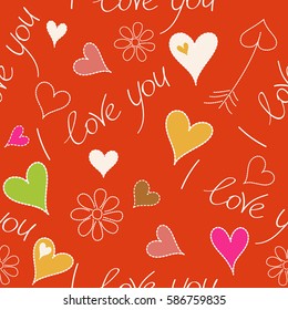 Cute romantic girlish repeated backdrop for fashion clothes, wrapping paper. Tender vector seamless pattern with hearts, chamomile flower and I love you text in yellow, orange and pink colors.