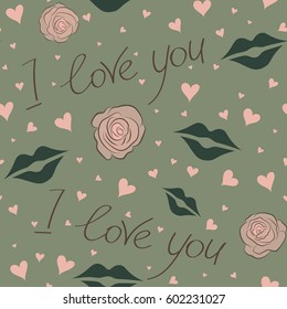 Cute romantic girlish repeated backdrop for fashion clothes, wrapping paper. Tender vector seamless pattern with hearts, rose flower and love text in green and brown colors.