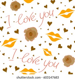 Cute romantic girlish repeated backdrop for fashion clothes, wrapping paper. Tender vector seamless pattern with hearts, flower and love text in orange, brown and yellow colors on a white.