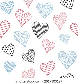 Cute romantic girly hearts seamless pattern. Cartoon cute red, blue, black hearts with lines, circles, triangles, checkered ornament for wrapping, wallpaper, textile, decoration, print, greeting