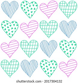Cute romantic girly hearts seamless pattern. Cartoon cute pink, blue, black, green hearts with lines, circles, triangles, checkered ornament for wrapping, wallpaper, textile, decoration, print