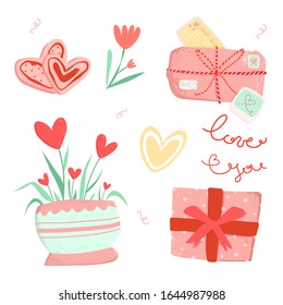 Rutsch romantische, handgezeichnete Illustrationen Set.  Valentinstag-Objekte mit Cookie, Blume, Geschenk, Post und Herzen für Druck, Textilien, Buch, Postkarte, Aufkleber. Vektorillustration