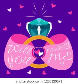Cute romantic happy Valentine's Day dating. Creative wedding backdrop, poster. Will you marry me? Diamond Ring. Wedding or engagement illustration. Flat design. Jewelry icon. Symbol.