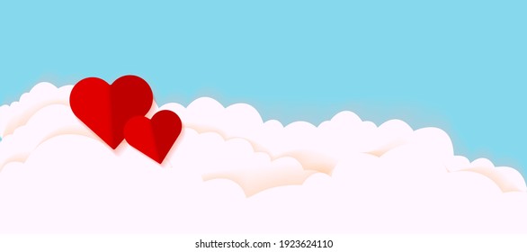 Cute and romantic Hearts floating on clouds background. Greeting cards, love message or invitation template red heart vector