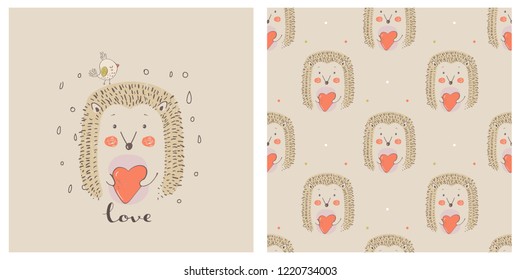 Cutáneo y romántico Hedgehog con pájaro cardíaco y tónica sin fisuras. Ilustración vectorial dibujada a mano.