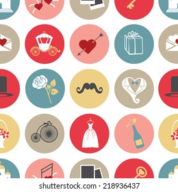 Cute romantic icons in seamless pattern.Use for Valentines day, wedding, love and romantic events and romantic events . Vector