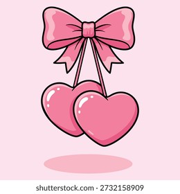 A cute and romantic illustration featuring two glossy pink heart shapes hanging from a ribbon bow, symbolizing love, affection, and celebration.