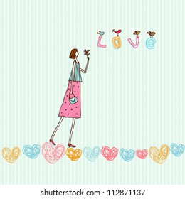 Cute romantic illustration, girl in love. Decorative background with hearts, birds, young girl and text love