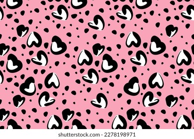 Cute romantic leopard print. Abstract seamless vector pattern. Black and white heart shaped stains on pink background