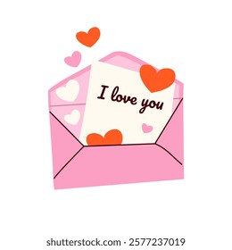 Cute romantic letter, open envelope with flying hearts. Valentine day mail post letters isolated vector illustration. Love message symbol For poster, greeting card, invitation, flyer, banner