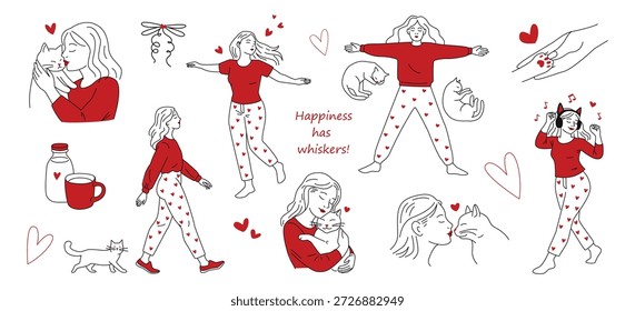 Ilustração de vetor linear romântico bonito conjunto com mulher e gato. Coleção do Dia dos Namorados. Menina de pijama com corações e seu animal de estimação.