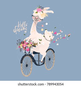 Cute Romantic Llama, Alpaca With Floral Wreath And Hanging Flags Drive The Vintage Bicycle, Bike With A Basket With Flowers Bouquet. Hello Spring Lettering