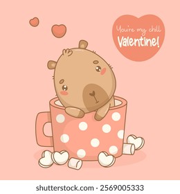 Cute romantic in love Capybara in polka dot pink cup with sweet marshmallow hearts. Calm enamored cartoon kawaii character. Vector illustration. Holiday Valentine cool card