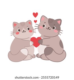 Cute romantic love cats, kitties, kittens. Animal characters for valentine's day. Kitties with hearts. Vector flat illustration isolated on transparent background.