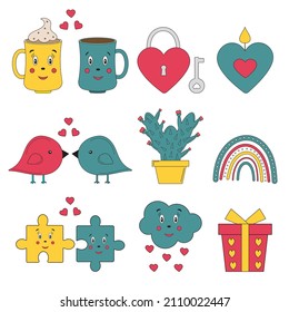 Cuidada colección de elementos de amor románticos. Diseño moderno de moda en San Valentín. Juego de caricaturas de símbolo de amor e iconos planos románticos. Adecuado para pegatinas, bodas, invitación a eventos románticos.