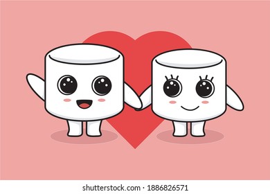 Cute Romantic Marshmallow Characters In Love. Vector Illustration Man and Women Celebrating Valentine's Day