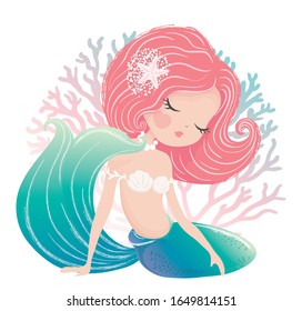 Cute romantic mermaid vector illustration, greeting cards, fashion artworks, children graphics, t shirt prints.