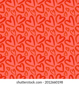 Cuto romántico minimalista simple y sin fisuras con los corazones de la tinta roja dibujados a mano en contorno. Antecedentes vectores para el día de San Valentín, boda. Rojo y rosa monocromo moderno fondo de amor.